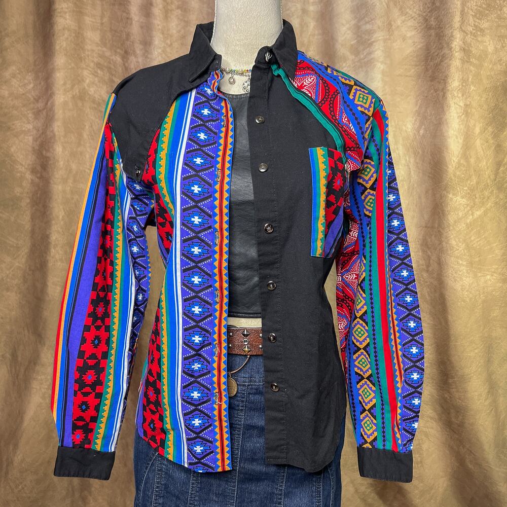 Vintage Patchwork Shirt 90s Western Multicolor Button Up Southwestern Rodeo Folk